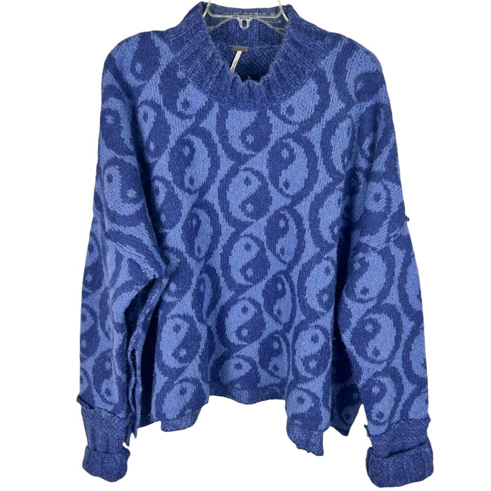Free People Navy Blue Alpaca Wool Blend Long Sleeve Mock Neck Yin Yang Sweater M - Picture 3 of 9